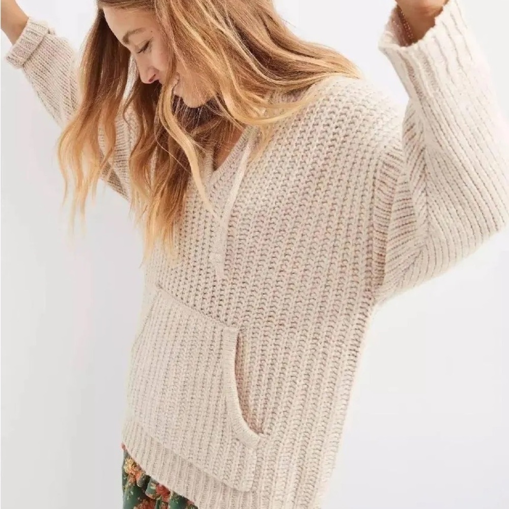 Aerie Chunky Knit Hooded Pullover sweater Earthy Beige XS Y2K